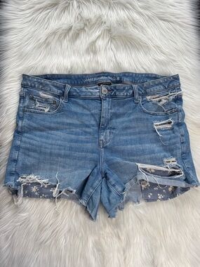 American Eagle Distressed Exposed Pocket Midi Denim Cut Offs